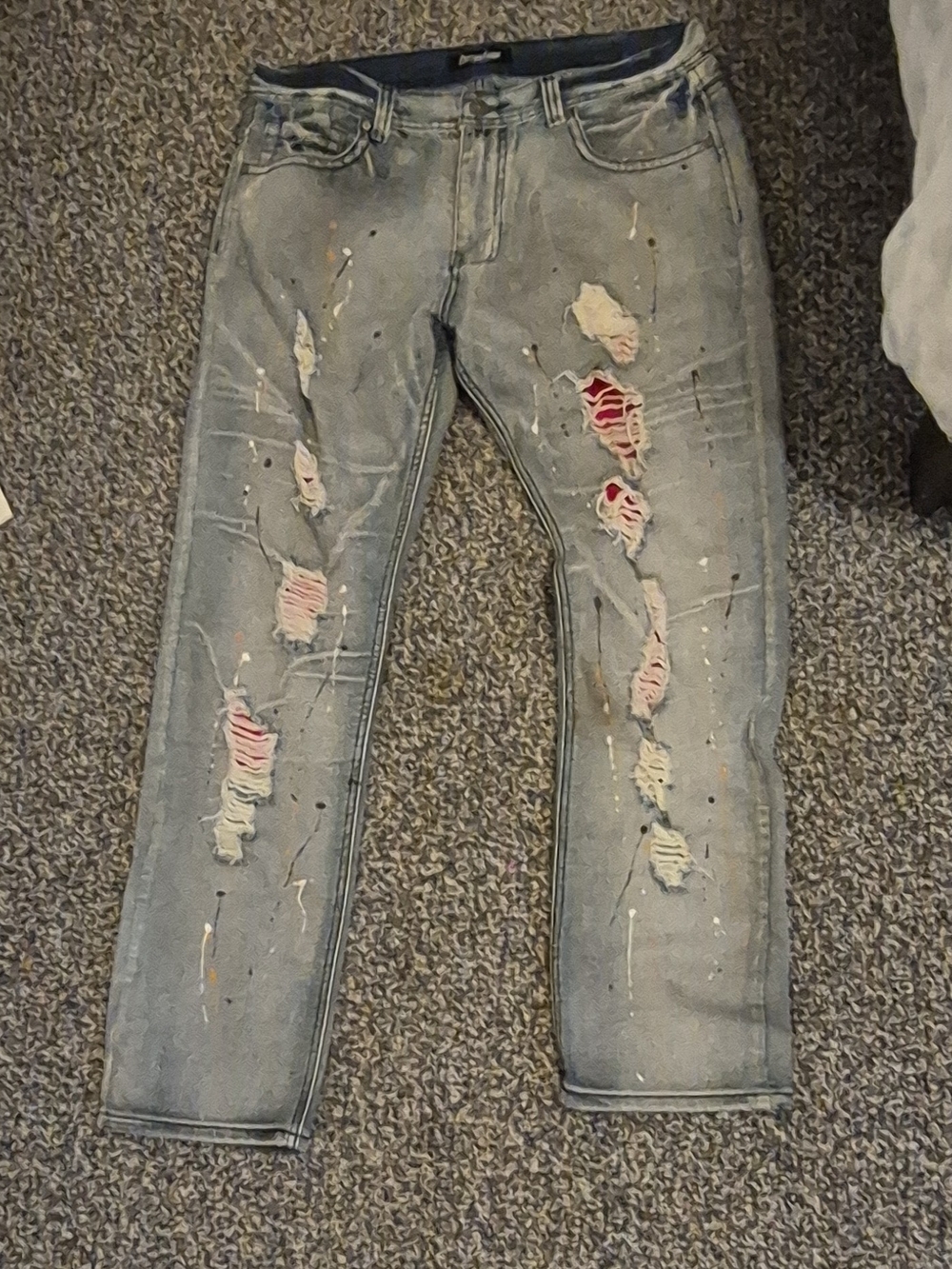 Men's Light Blue Skinny Jeans with Red Patch Distressing